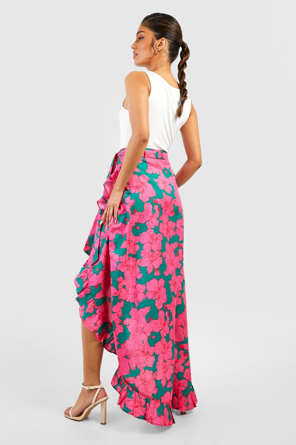 Women s Floral Ruffle Hem Wrap Front Maxi Skirt Boohoo UK